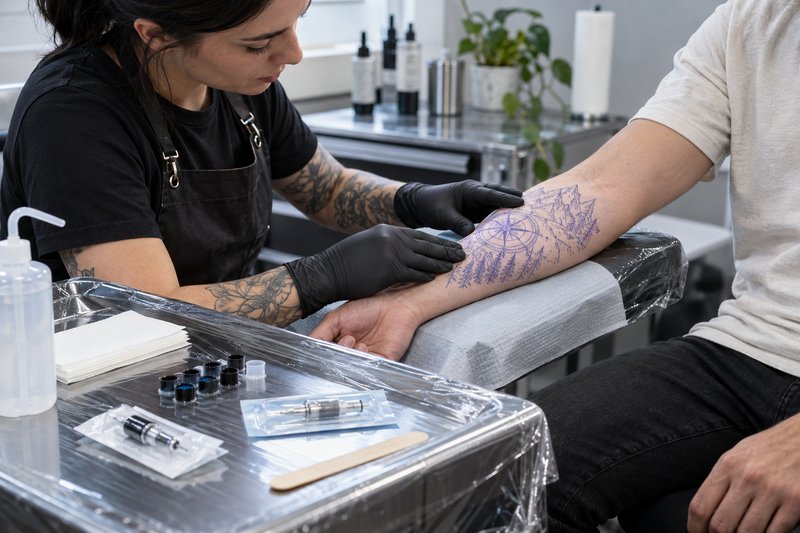 Artist chuẩn bị vật tư và kiểm tra stencil trên cánh tay khách