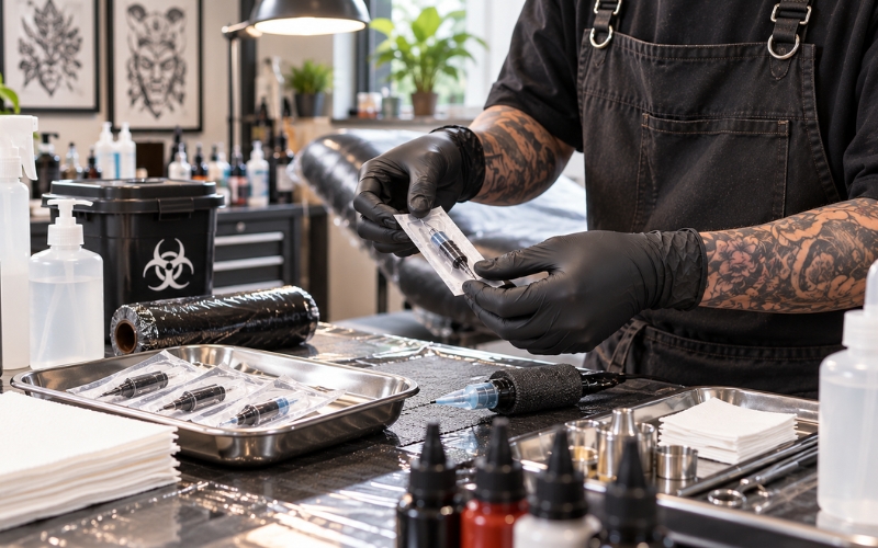 Thợ xăm tập trung hoàn thiện đường nét và chi tiết tattoo