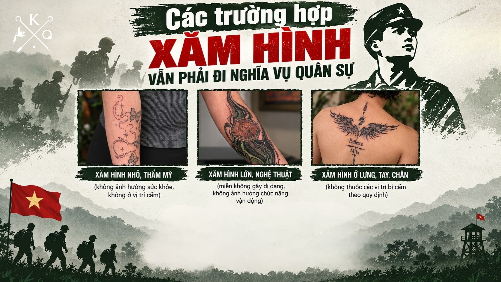Các trường hợp xăm hình vẫn phải đi nghĩa vụ quân sự Các trường hợp hình xăm vẫn được tham gia nghĩa vụ quân sự