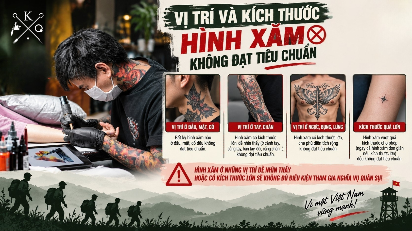 Vị trí và kích thước hình xăm không đạt tiêu chuẩn Vị trí và kích thước hình xăm khi khám nghĩa vụ quân sự
