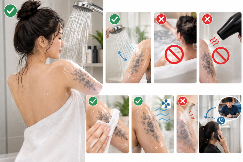 Cách tắm trong 4 ngày đầu khi còn dán miếng bảo vệ Hướng dẫn vệ sinh hình xăm mới đúng cách sau khi tháo miếng dán