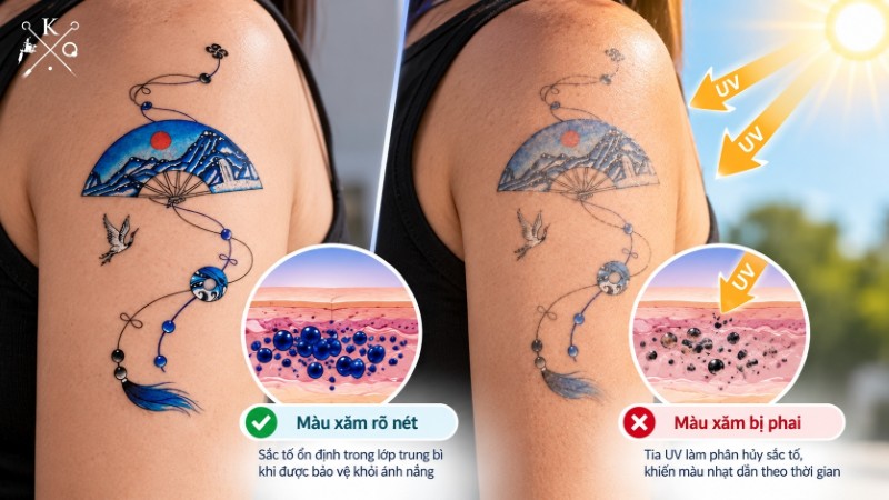 Màu hình xăm bị phai do tác động trực tiếp từ ánh nắng mặt trời Màu hình xăm bị phai do tác động trực tiếp từ ánh nắng mặt trời