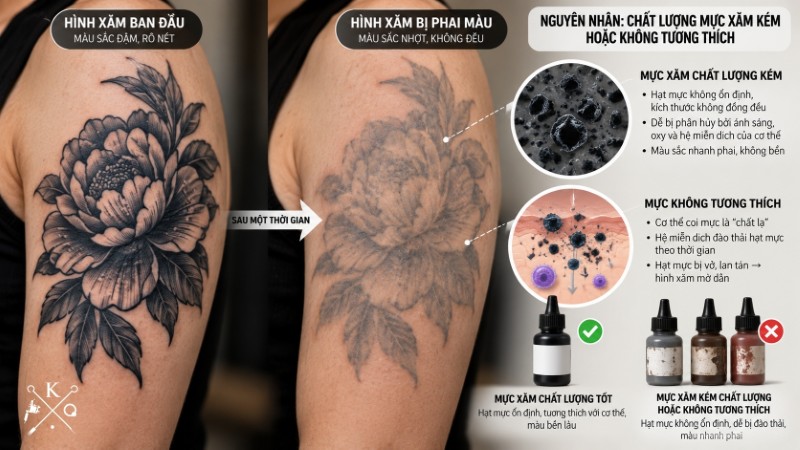 Mực xăm kém chất lượng dẫn đến hình xăm bị phai màu Mực xăm kém chất lượng dẫn đến hình xăm bị phai màu