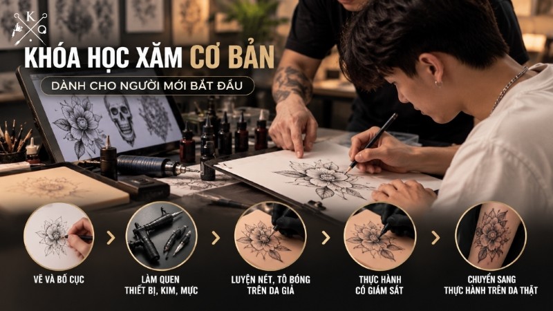 Học viên luyện vẽ và làm quen quy trình tại K Tattoo