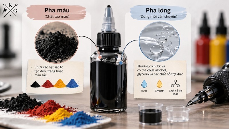 Mực xăm làm từ gì với sắc tố tạo màu và pha lỏng