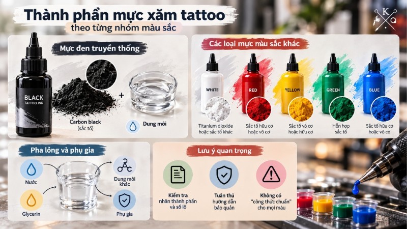 Thành phần mực xăm tattoo gồm sắc tố và các chất phụ gia